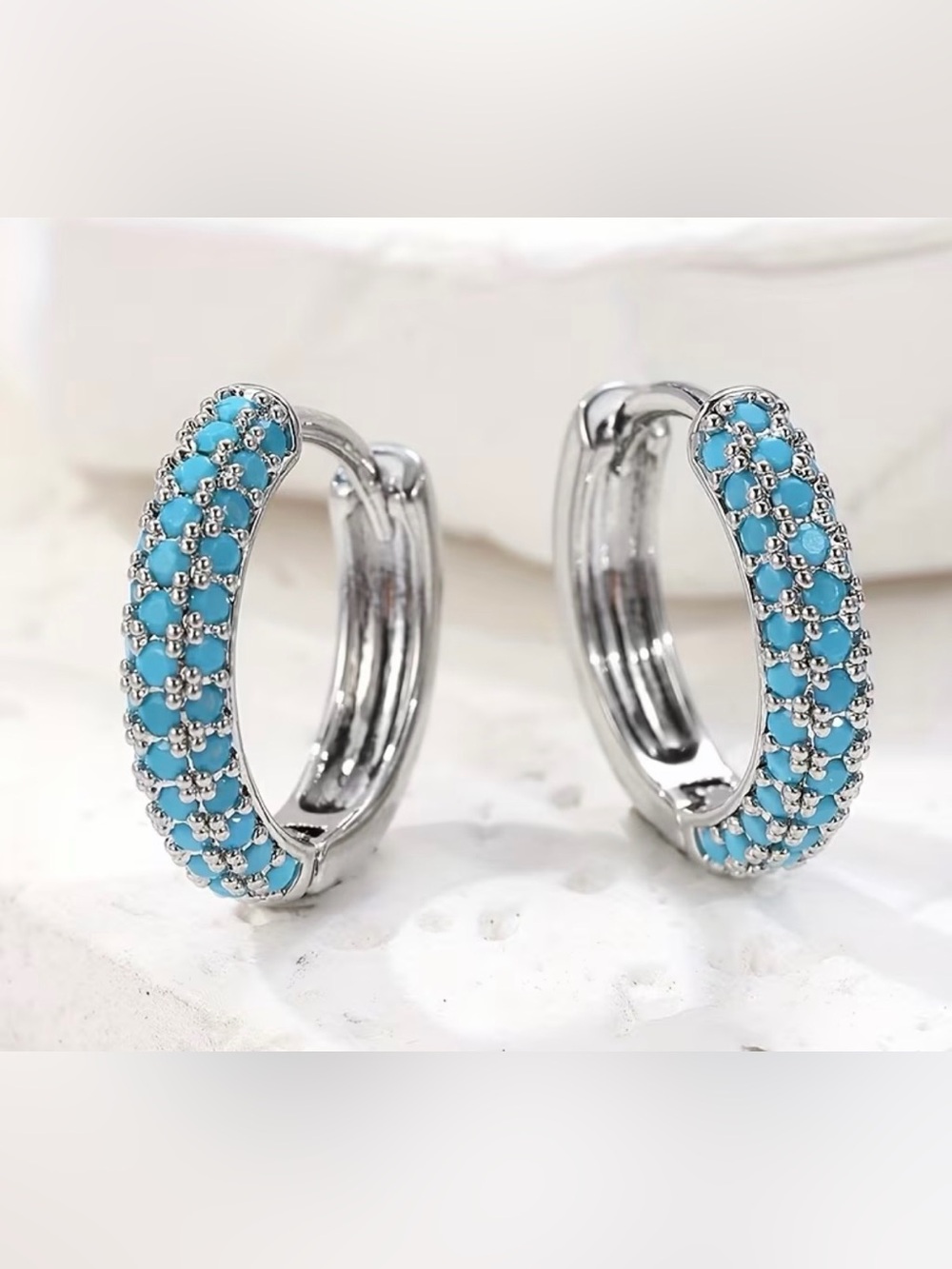 Western Silver Hoop Earrings with Turquoise Pavé Stones